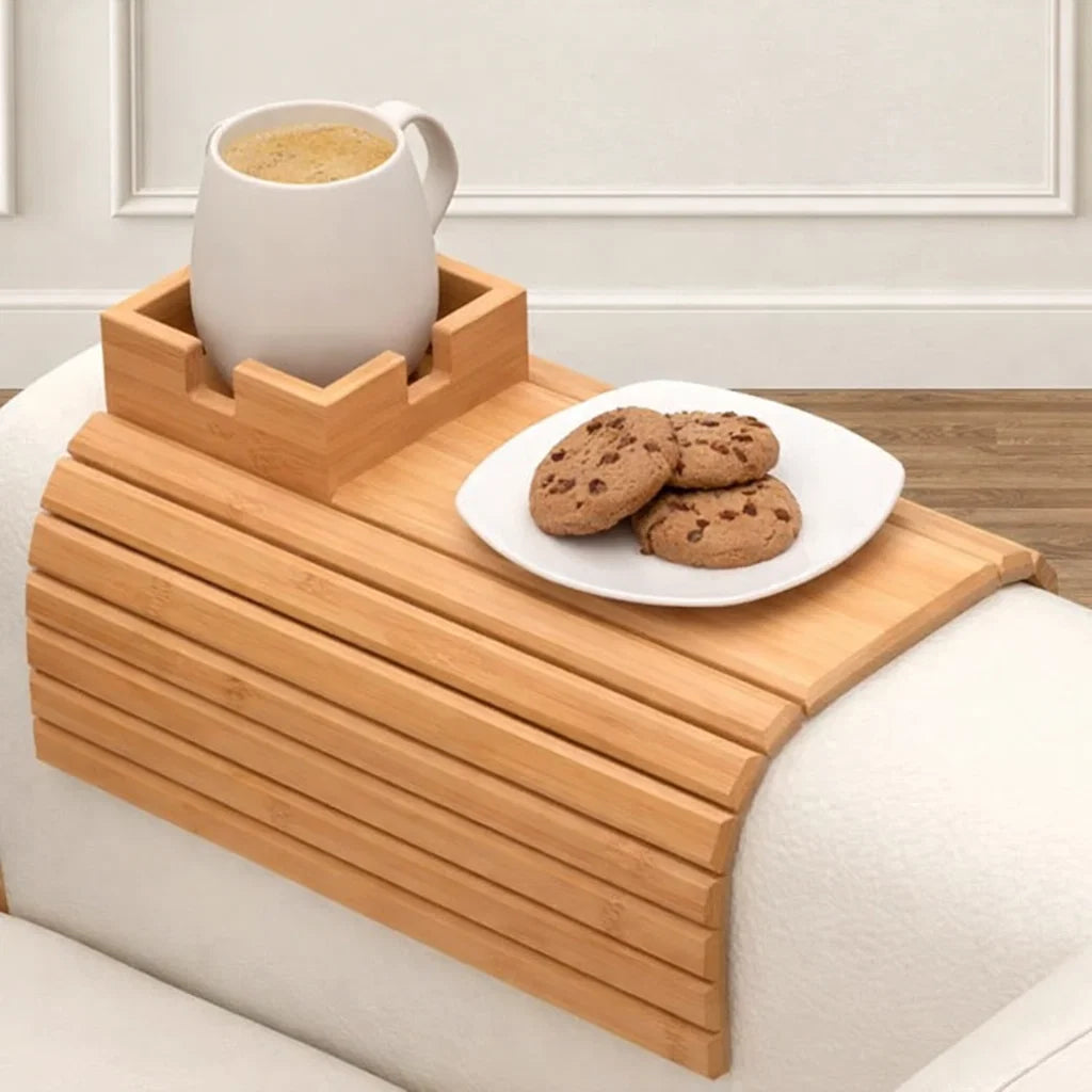 Plateau en bambou pour accoudoir de canapé – Porte-boissons et porte-snacks