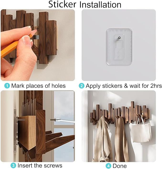 Porte-manteau mural en bois massif avec crochets rabattables design piano