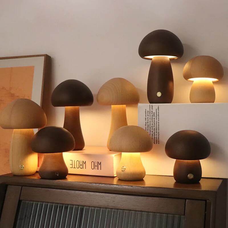 Veilleuse champignon en bois de noyer – dimmable et sans fil