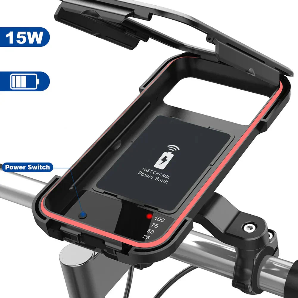 Support Téléphone Vélo Étanche avec Charge Sans Fil 15W et Batterie Intégrée