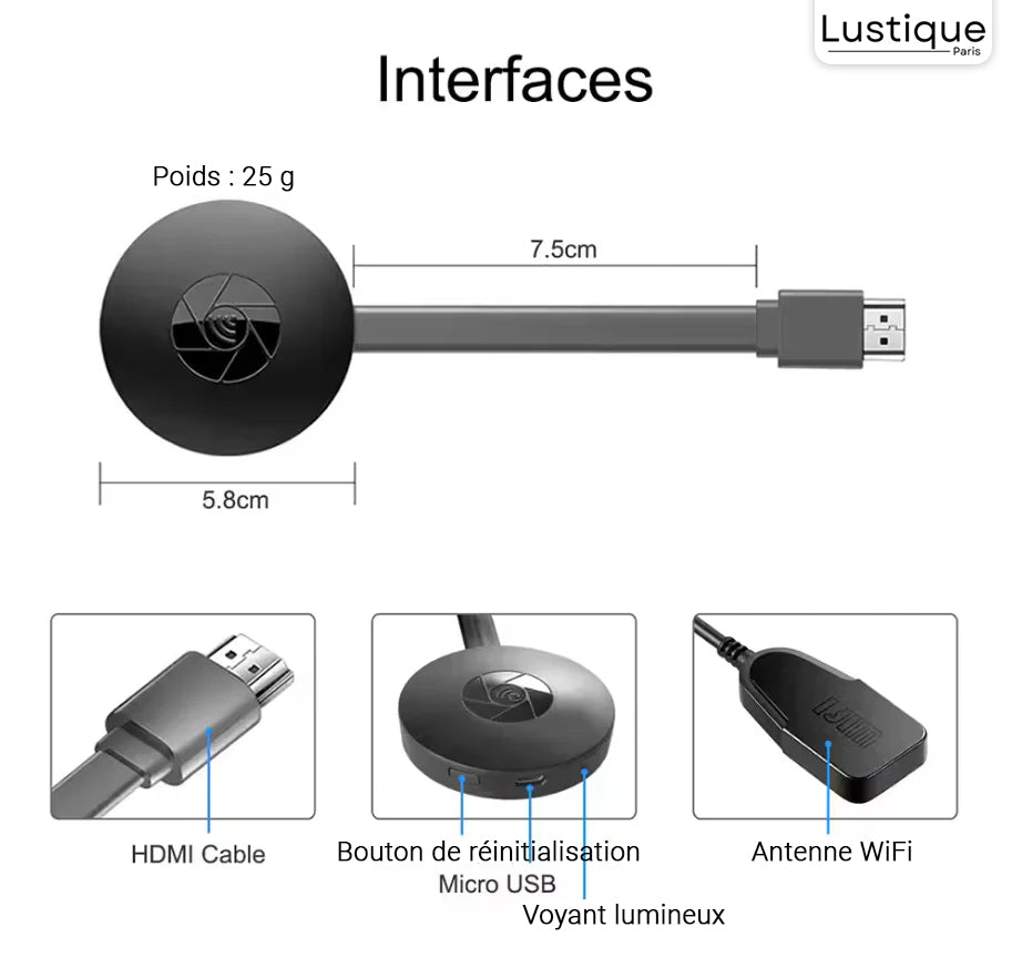Adaptateur HDMI WiFi Miracast pour Miroir d'Écran Smartphone sur TV