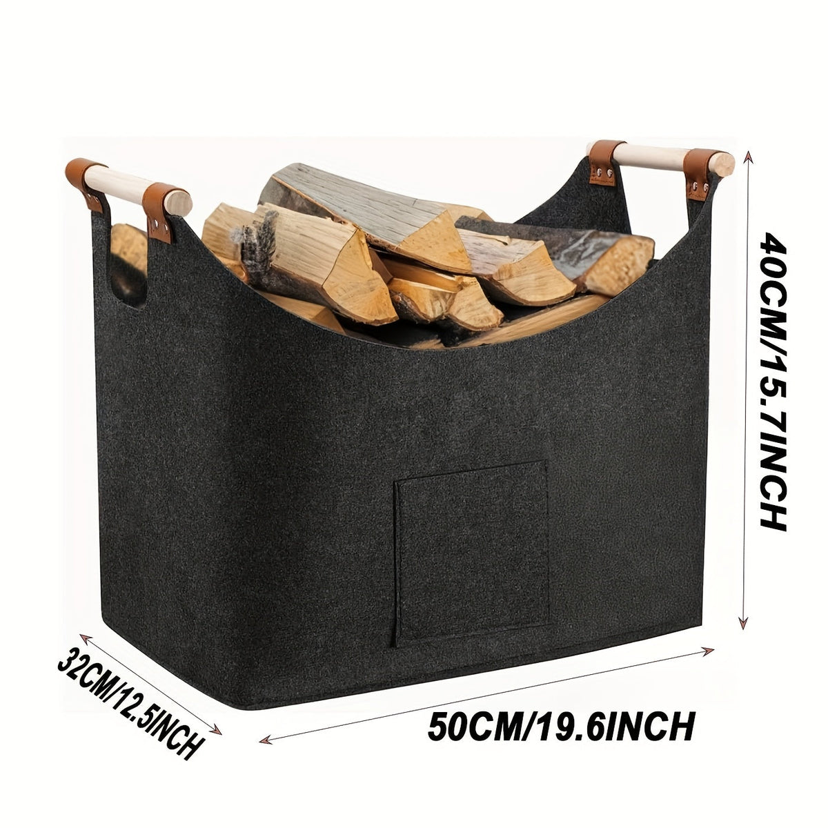 Panier à bûches pliable en feutre avec poignées en bois – 55 litres