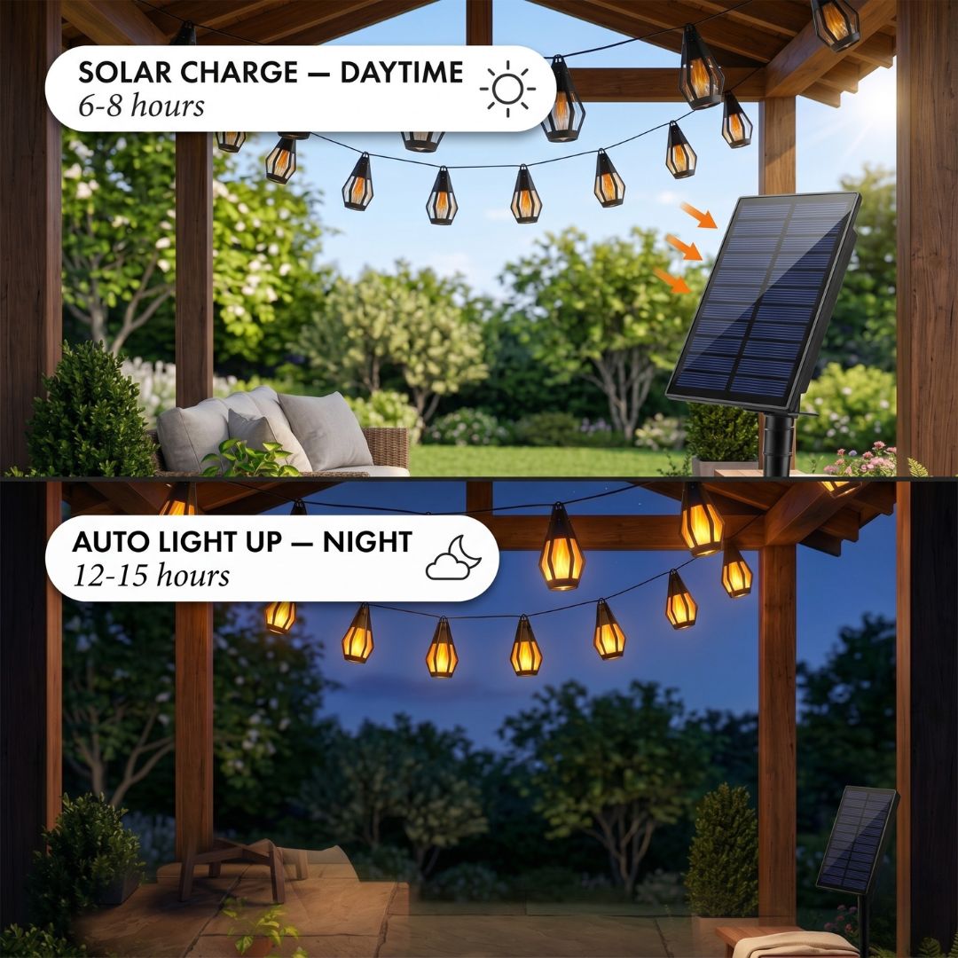 Guirlande Lumineuse LED Solaire Effet Flamme – 10 Lanternes Extérieur