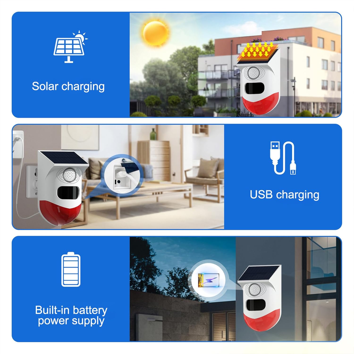 Détecteur de mouvement solaire extérieur avec alarme sirène et LED IP65
