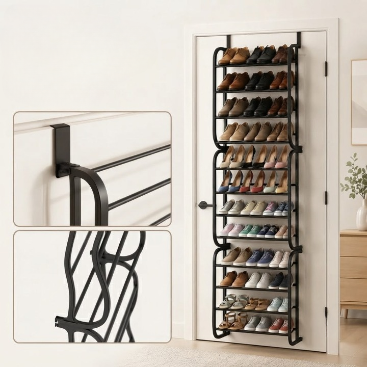 Étagère à chaussures de porte sans perçage avec tablettes inclinées pour jusqu'à 36 paires
