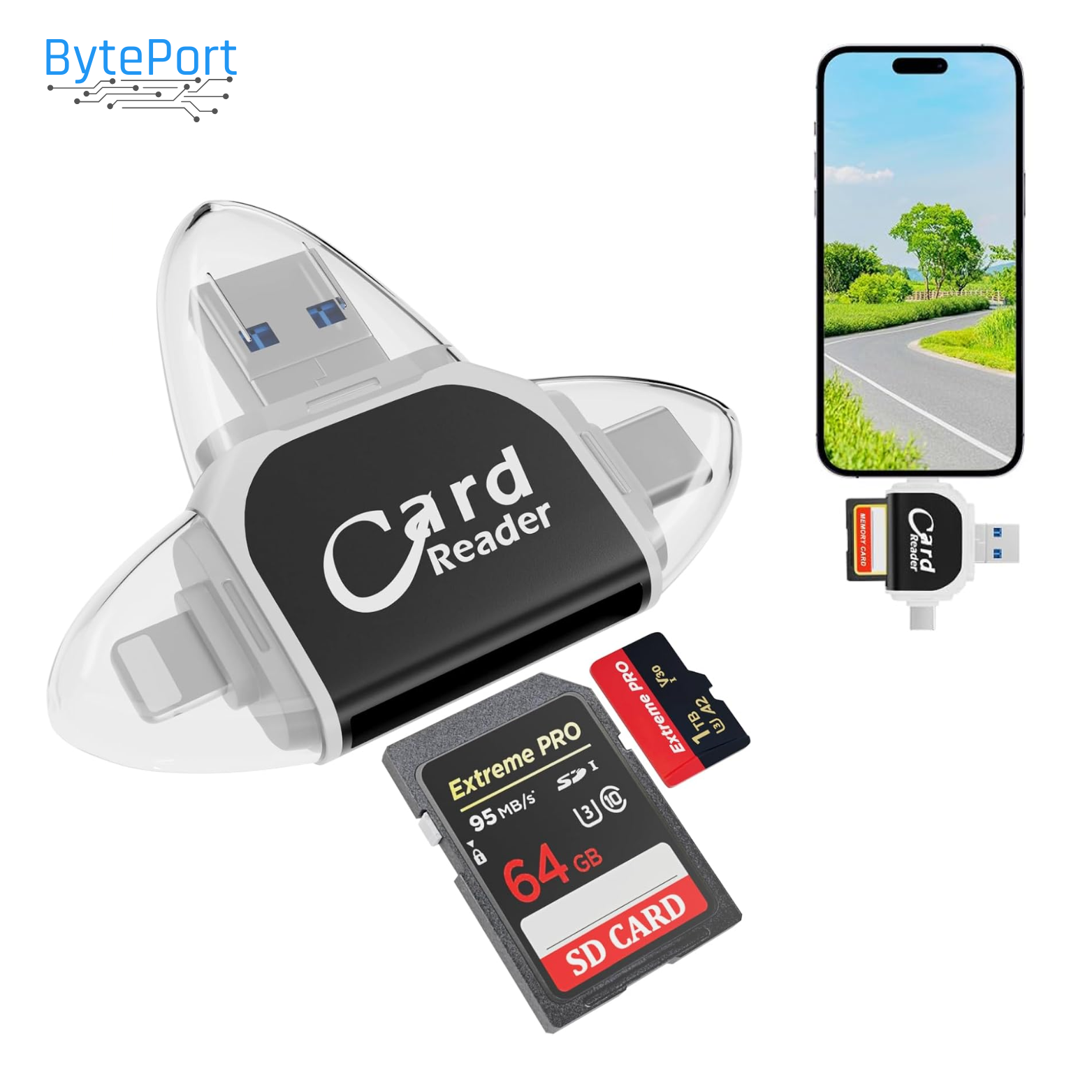 Lecteur de Cartes SD 4-en-1 USB-C Lightning USB-A Micro-USB Portable
