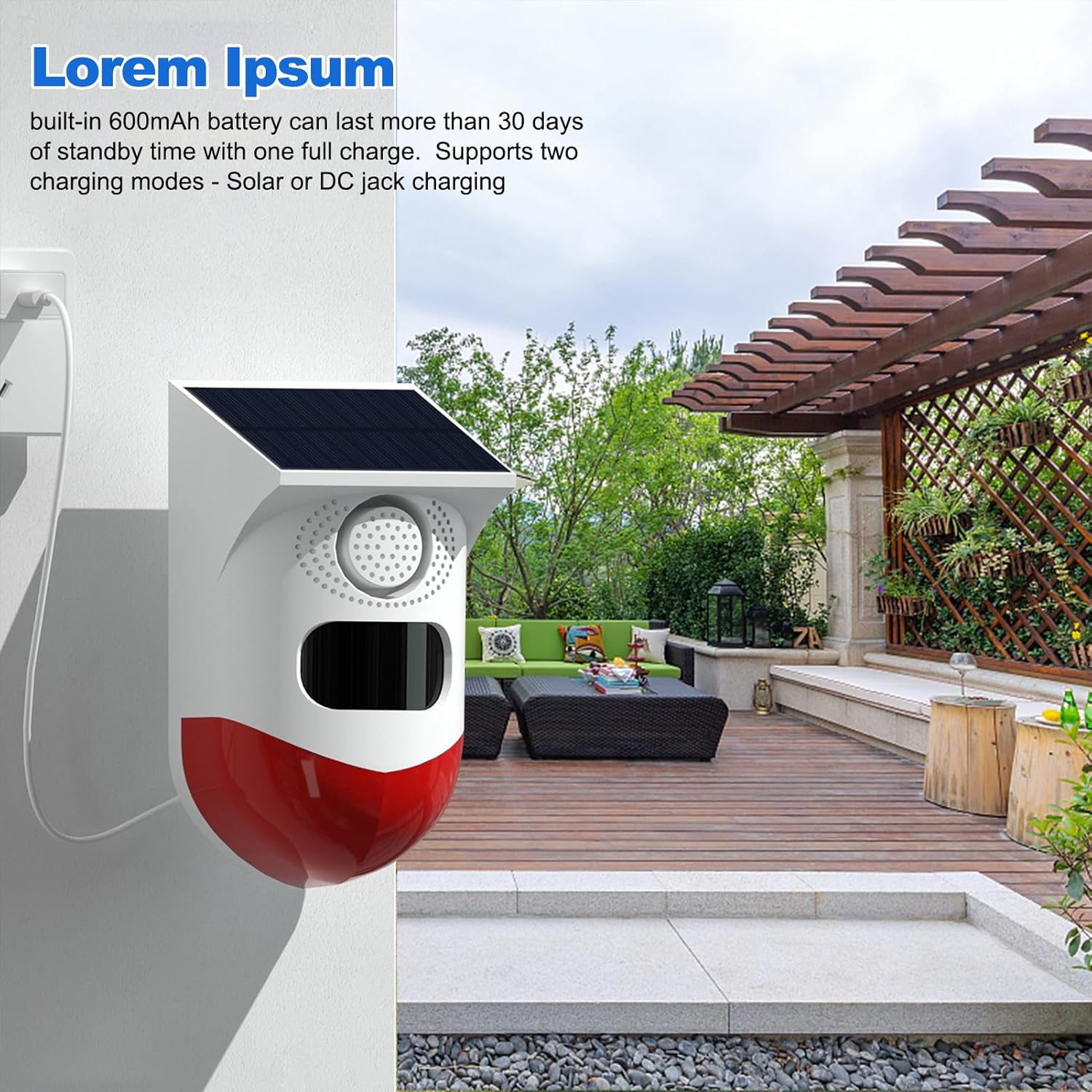 Détecteur de mouvement solaire extérieur avec alarme sirène et LED IP65