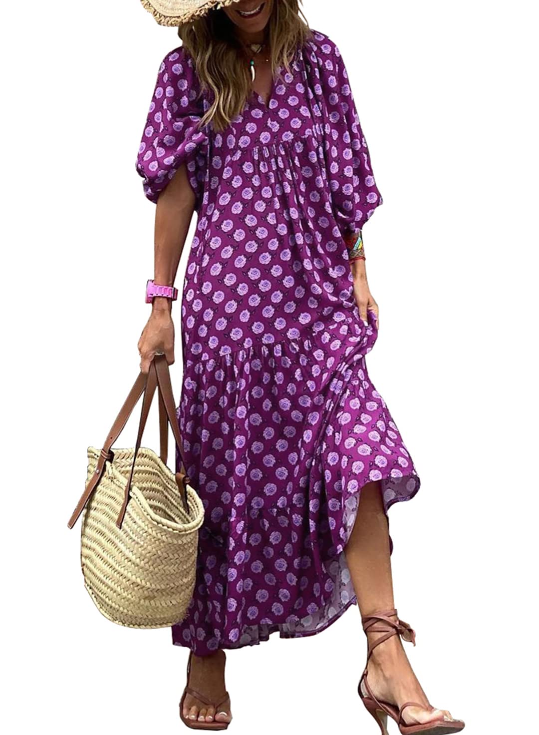Lieke™ – Robes longues bohèmes géométriques à manches bouffantes pour femmes [50 % de réduction]