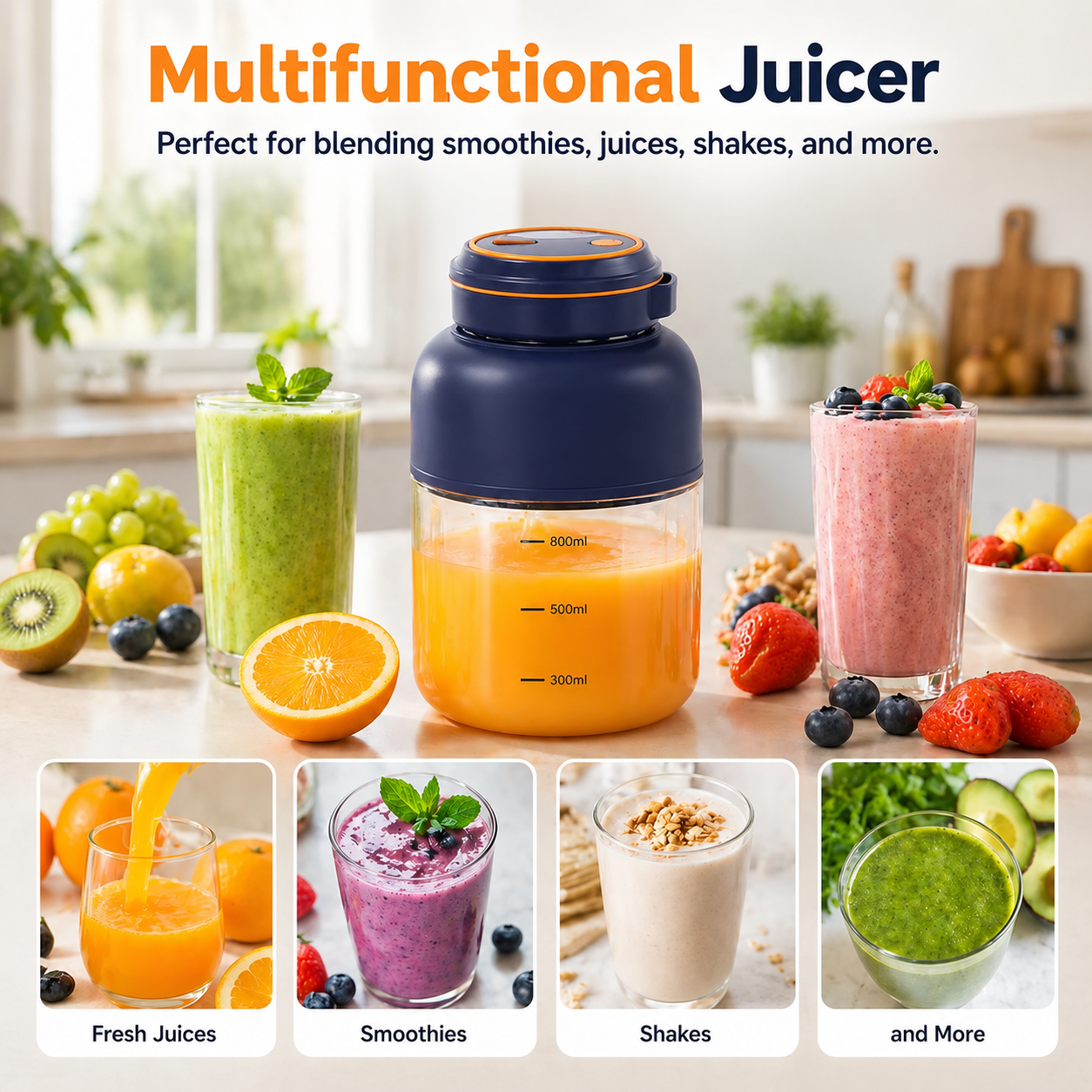 Mixeur Portable USB Rechargeable 800 ml pour Smoothies et Jus Frais
