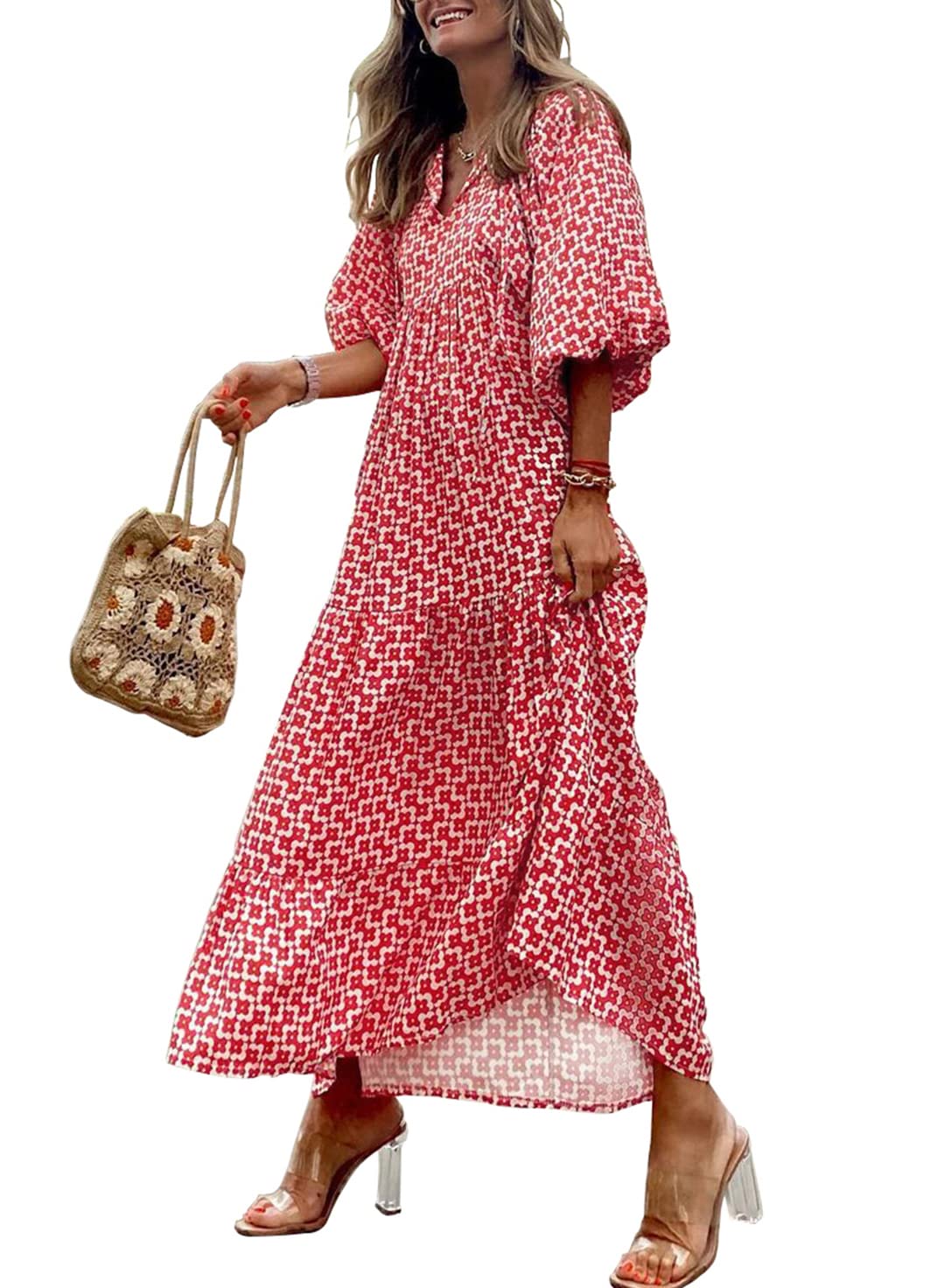 Lieke™ – Robes longues bohèmes géométriques à manches bouffantes pour femmes [50 % de réduction]