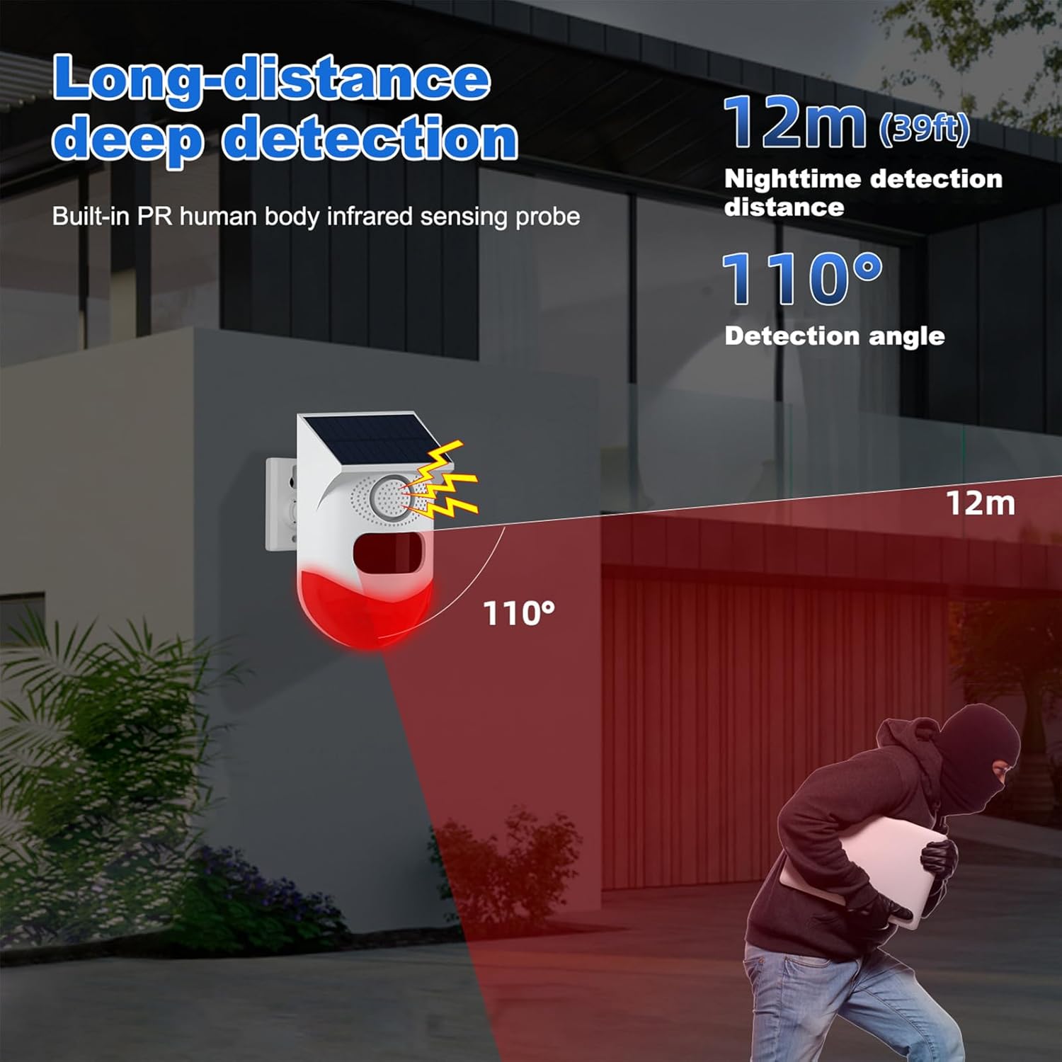 Détecteur de mouvement solaire extérieur avec alarme sirène et LED IP65