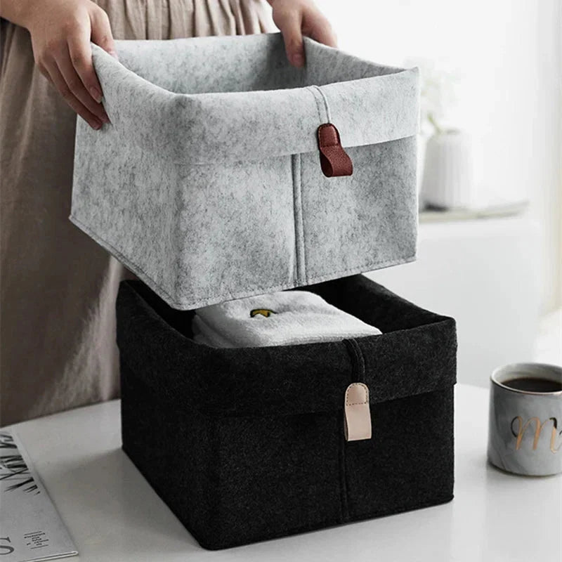 Boîte de rangement en feutre avec poignée en cuir et couvercle rabattable