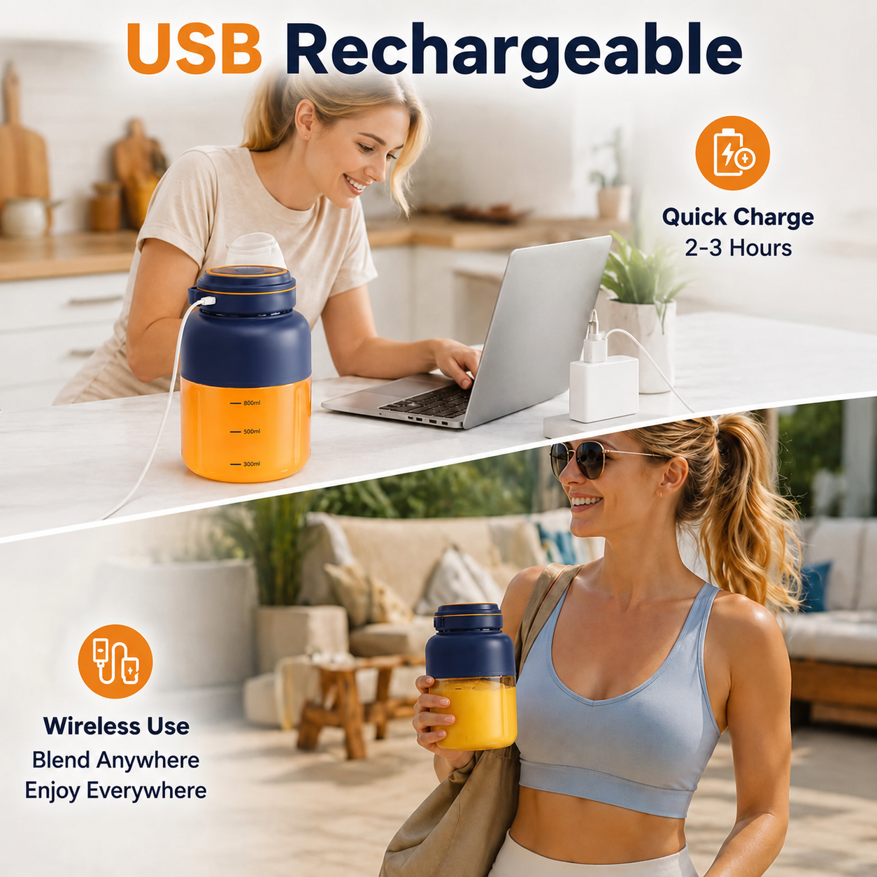 Mixeur Portable USB Rechargeable 800 ml pour Smoothies et Jus Frais