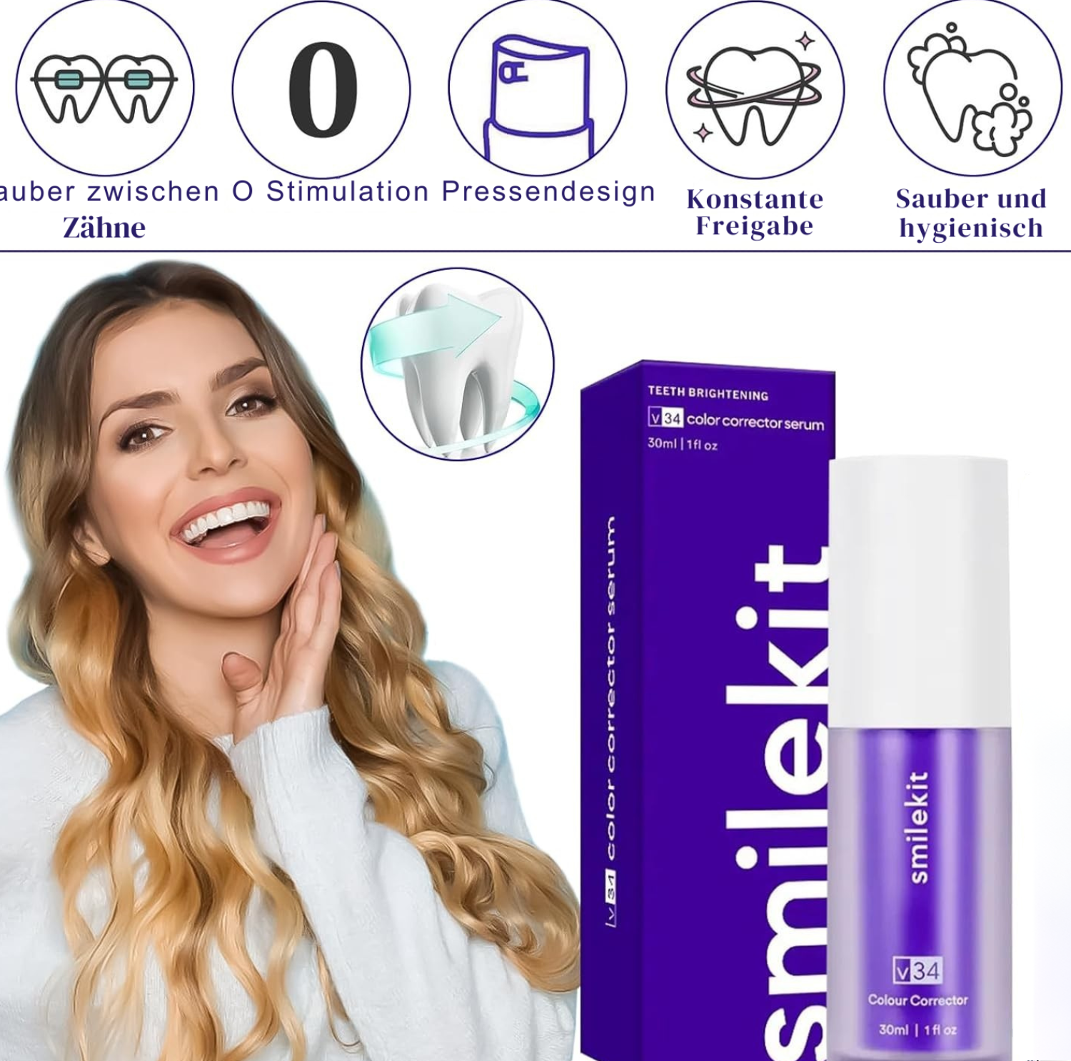 WhiteSmile™ – Sérum Correcteur de Teinte & Dentifrice Violet pour des Dents d’un Blanc Éclatant [1 + 1 Gratuit]