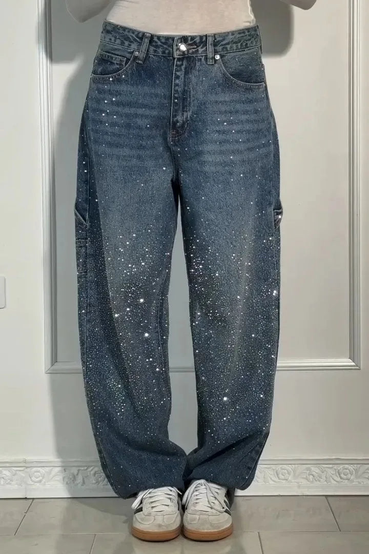Jean Wide Leg Scintillant en Denim Premium – Coupe Ample Élégante