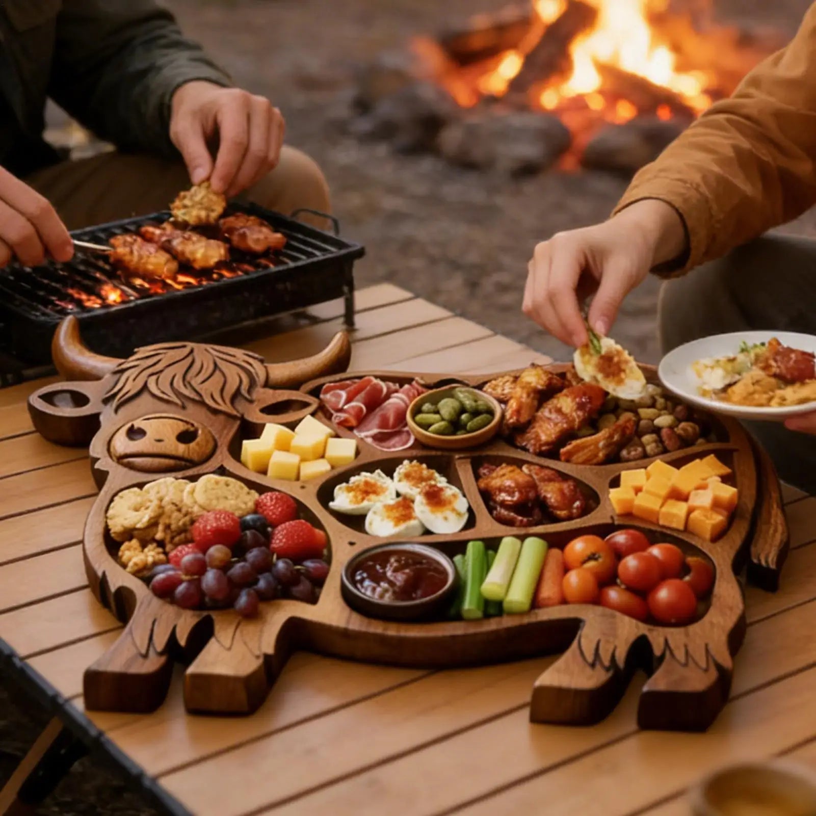 Planche de service Vache Highland en bois massif avec compartiments