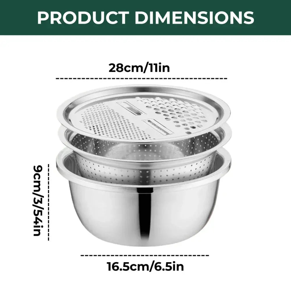 Ensemble de bols mélangeurs avec passoire et râpe – 3 en 1 en acier inoxydable