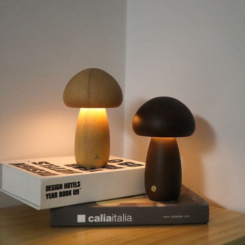 Veilleuse champignon en bois de noyer – dimmable et sans fil