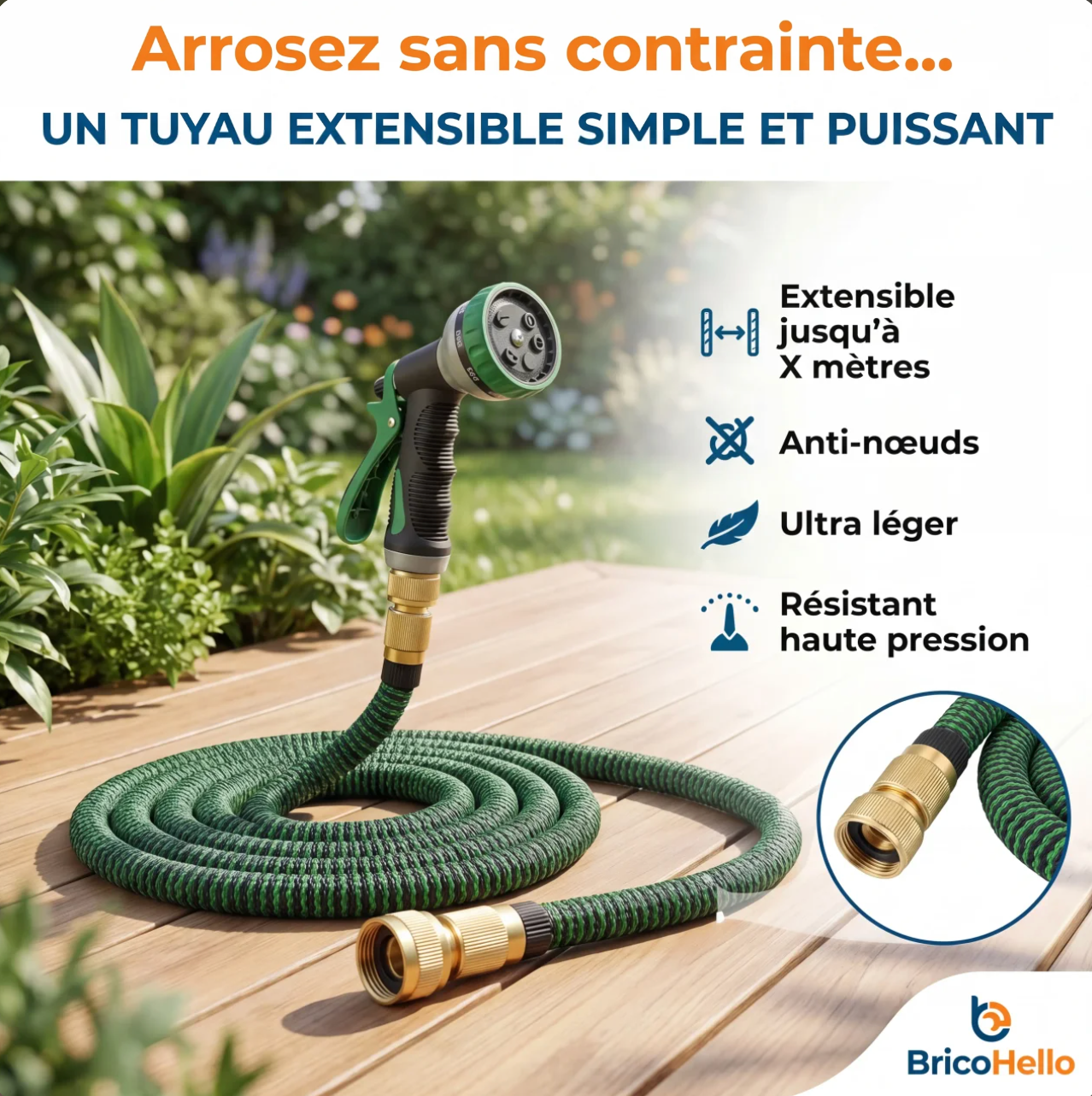 Tuyau d'arrosage extensible anti-pliage avec raccords en laiton