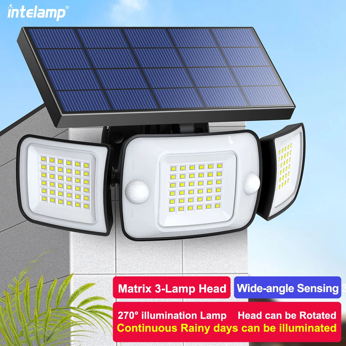 Lampe Solaire LED à Capteur de Mouvement 3 Têtes – Éclairage Extérieur IP65