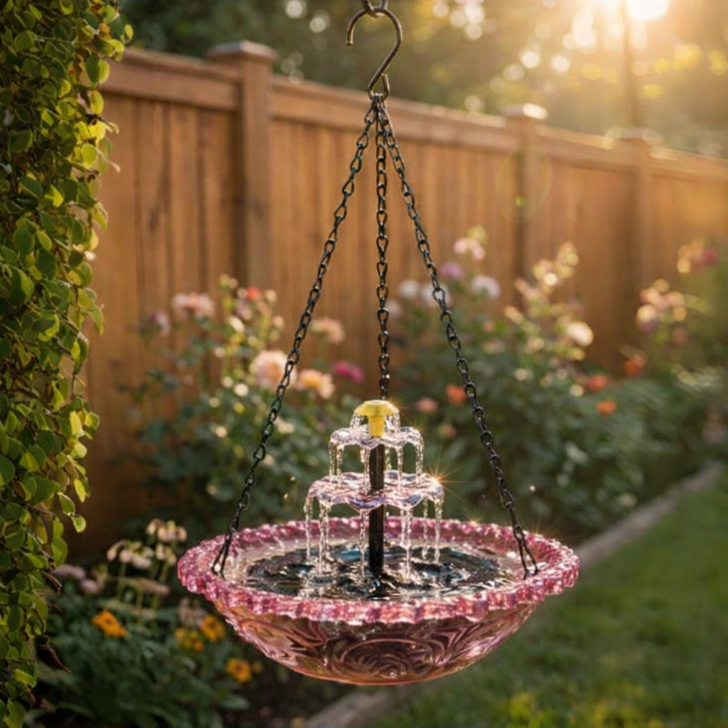 Fontaine suspendue solaire à deux niveaux – Abreuvoir oiseaux jardin
