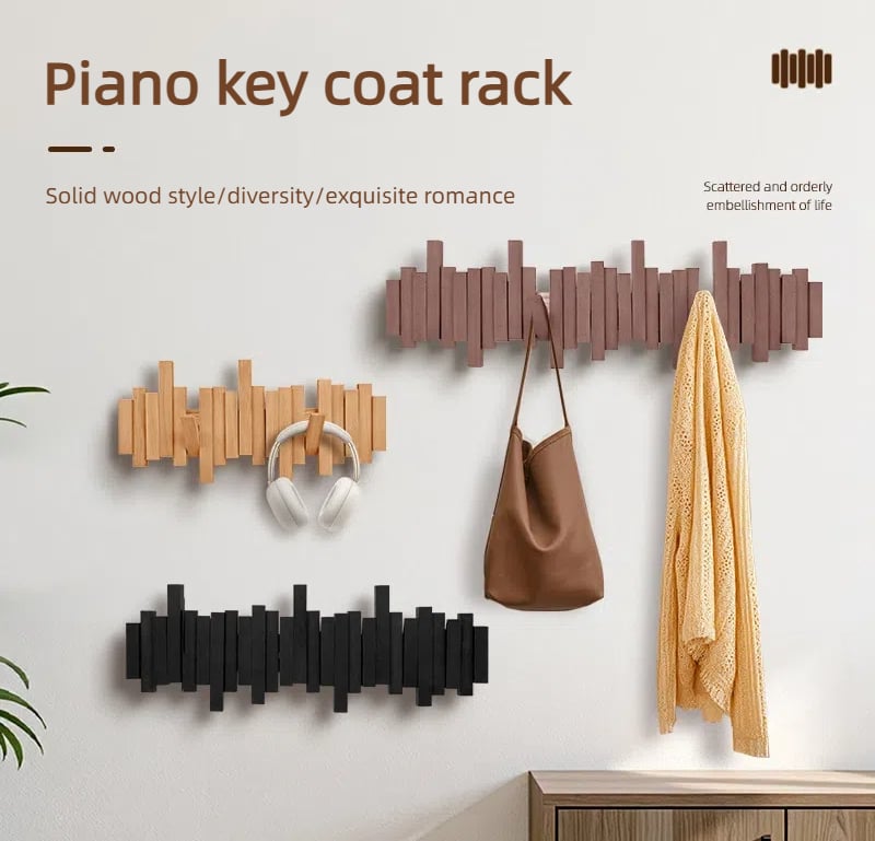 Porte-manteau mural en bois massif avec crochets rabattables design piano