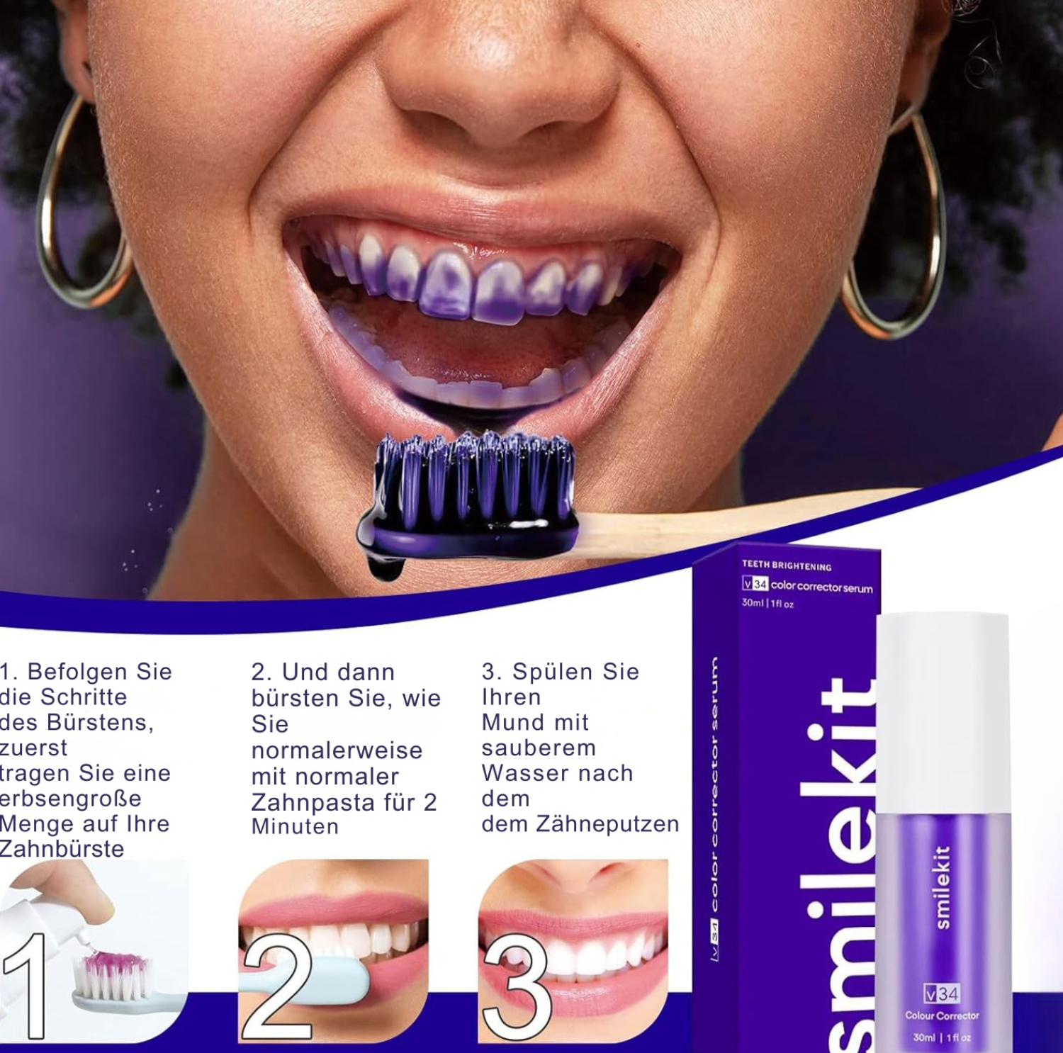 WhiteSmile™ – Sérum Correcteur de Teinte & Dentifrice Violet pour des Dents d’un Blanc Éclatant [1 + 1 Gratuit]