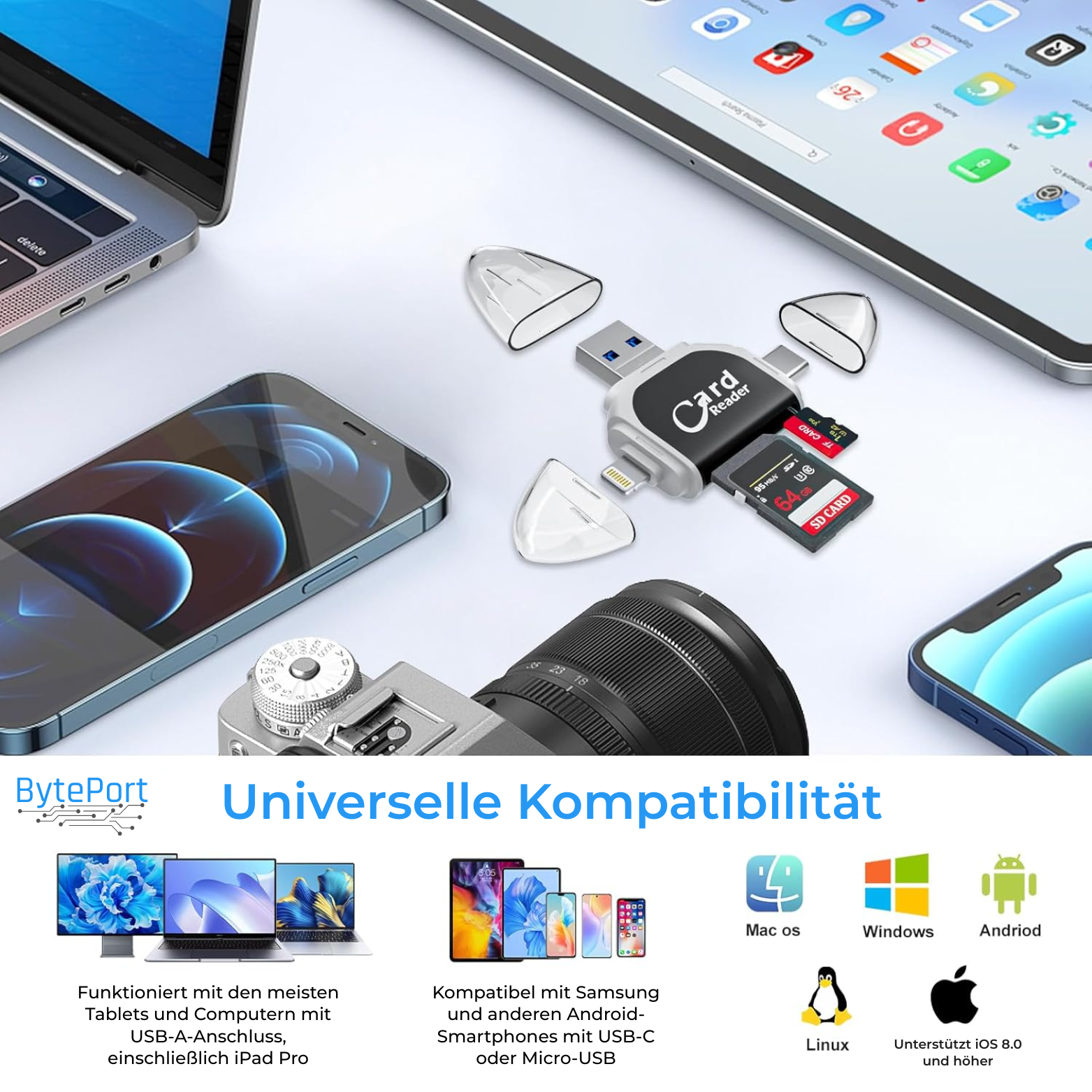 Lecteur de Cartes SD 4-en-1 USB-C, USB-A, Lightning et Micro-USB
