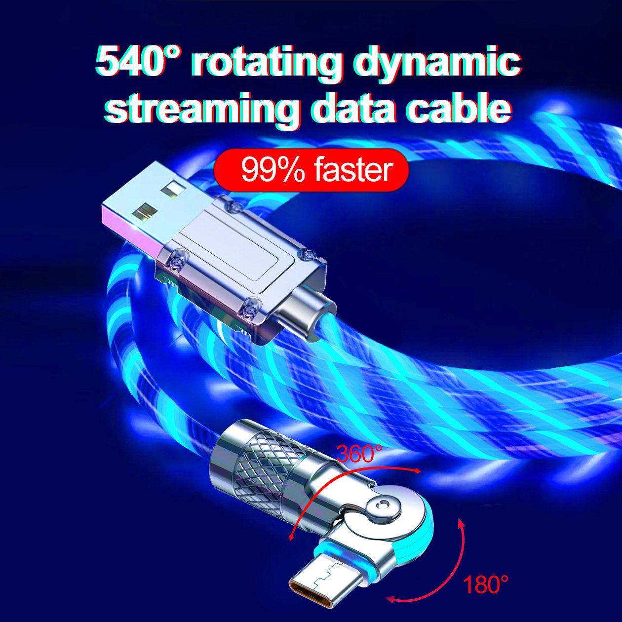 Câble USB Rotatif 540° avec Éclairage LED pour Charge Rapide