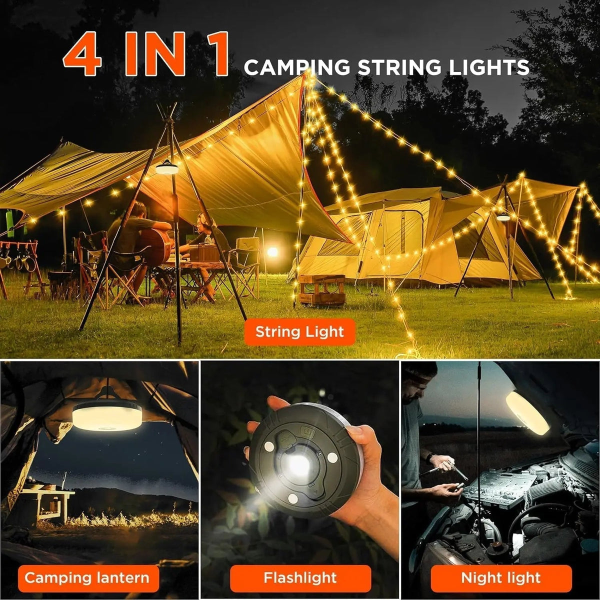Lampe de camping 4-en-1 avec lumière RGB, lampe de poche et batterie externe
