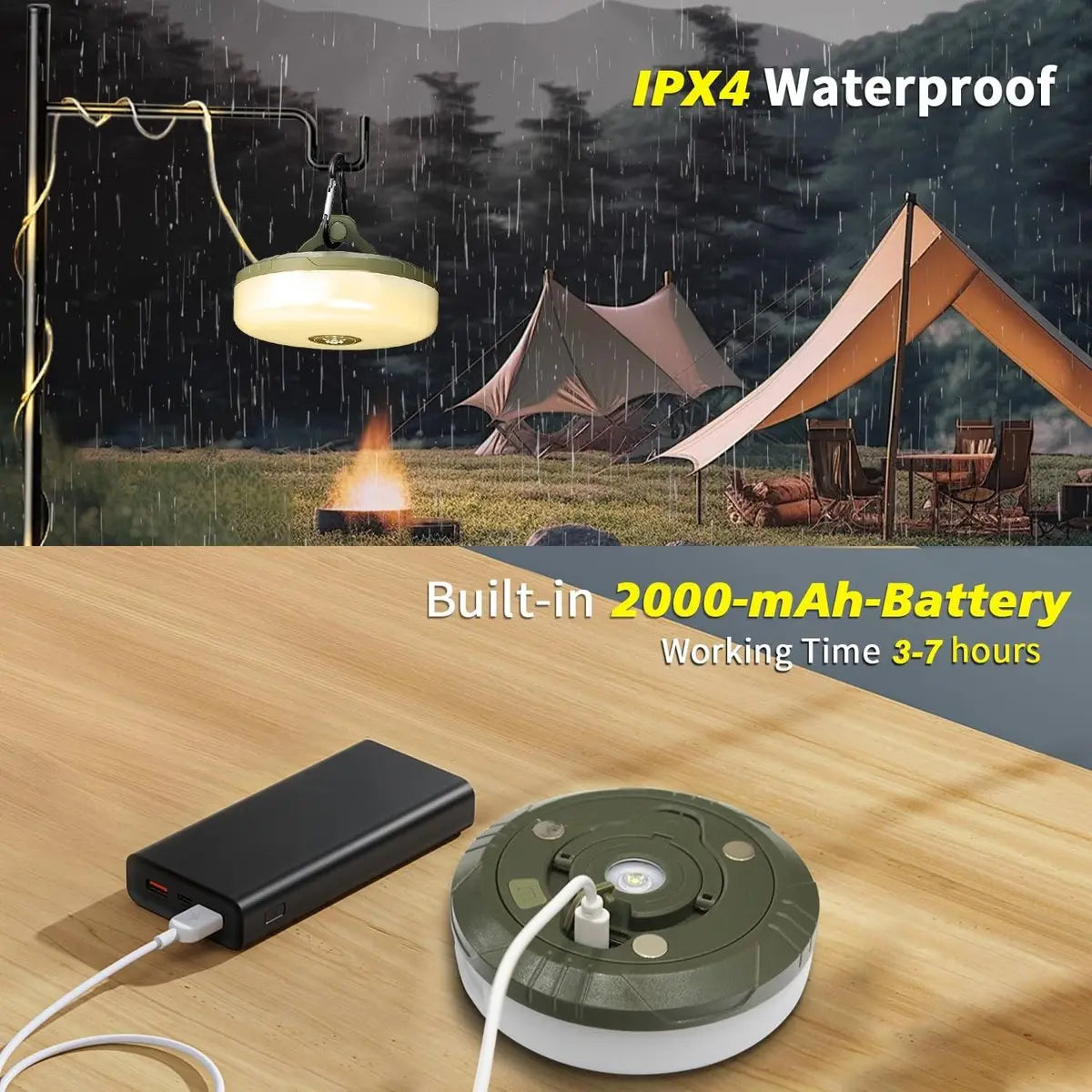 Lampe de camping 4-en-1 avec lumière RGB, lampe de poche et batterie externe