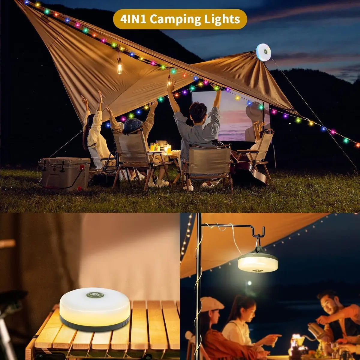 Lampe de camping 4-en-1 avec lumière RGB, lampe de poche et batterie externe