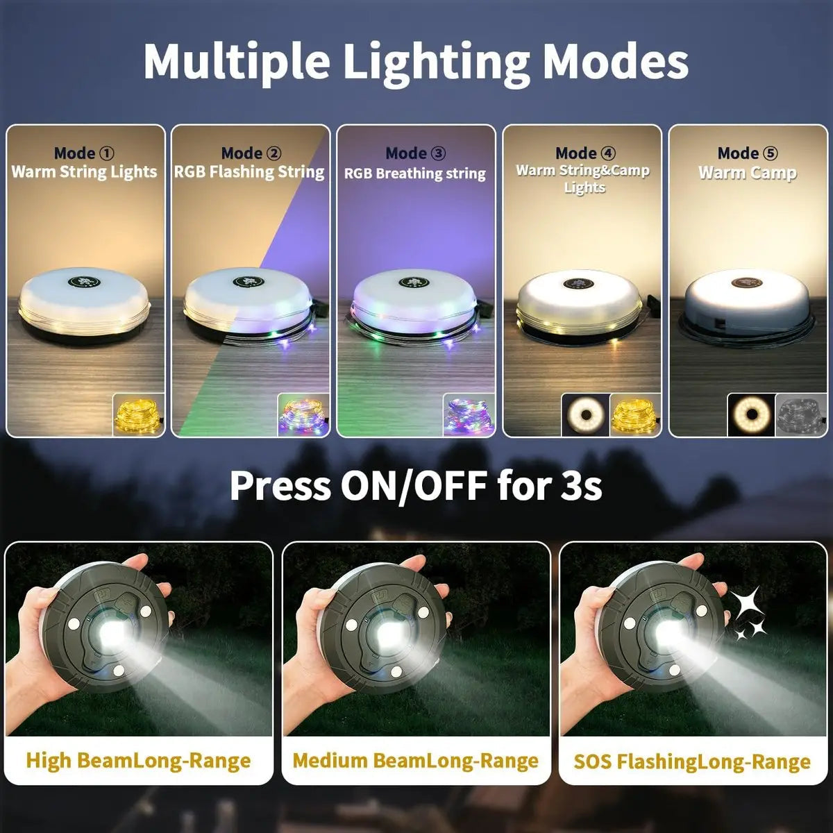 Lampe de camping 4-en-1 avec lumière RGB, lampe de poche et batterie externe