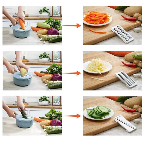 Coupe-légumes Multifonction 12-en-1 avec Récipient Intégré