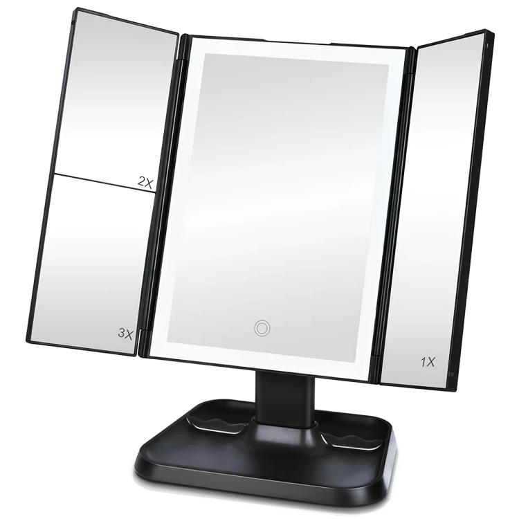 Miroir de Maquillage LED Pliant à 3 Panneaux avec Éclairage Réglable