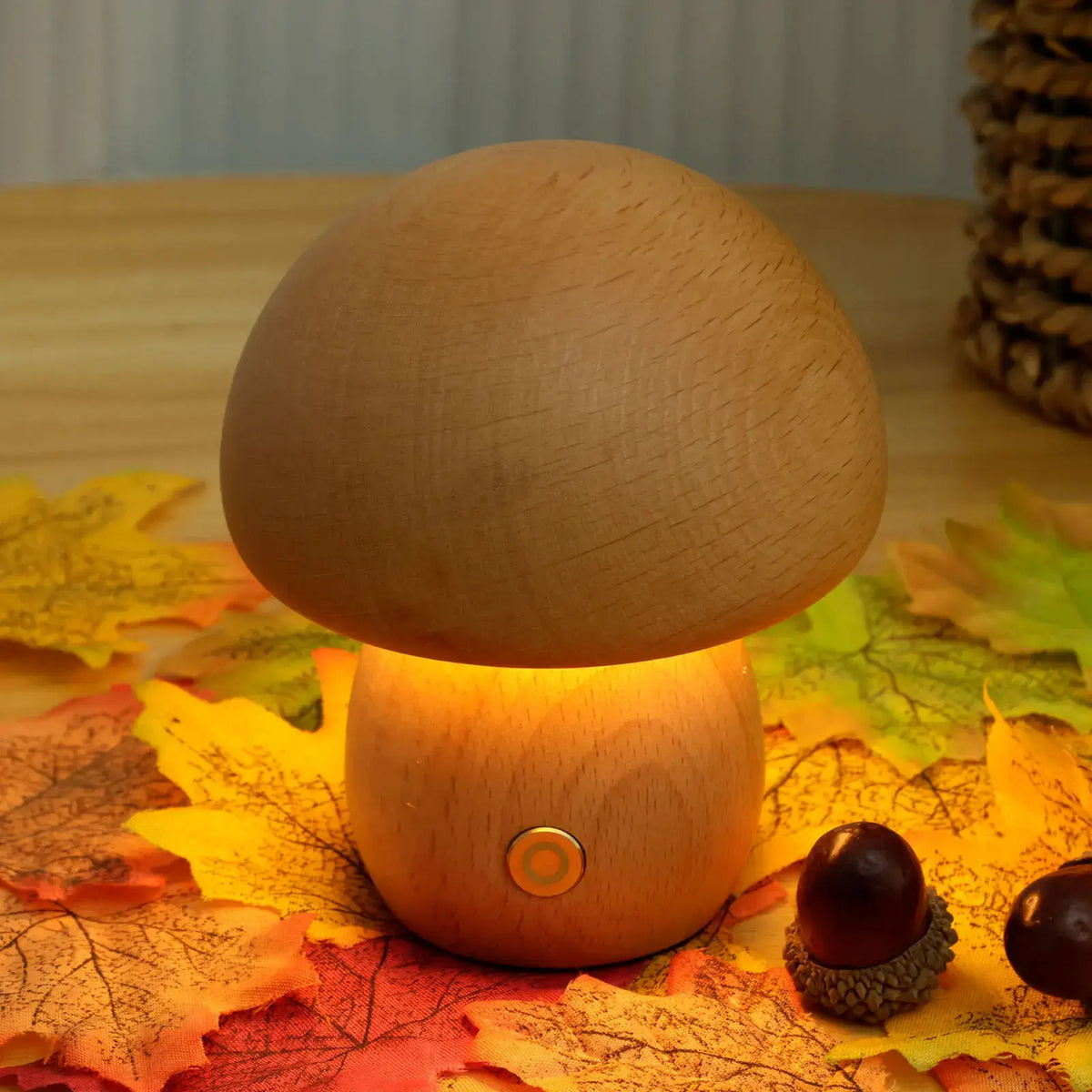 Veilleuse champignon en bois de noyer – dimmable et sans fil