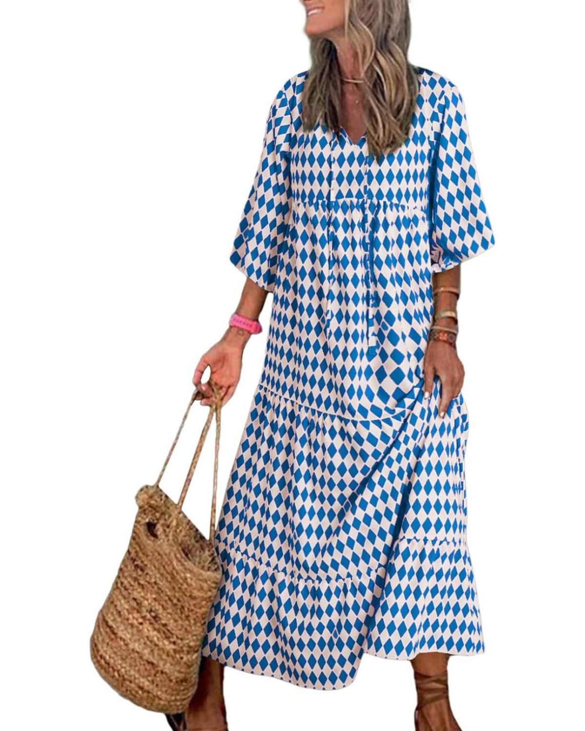 Lieke™ – Robes longues bohèmes géométriques à manches bouffantes pour femmes [50 % de réduction]