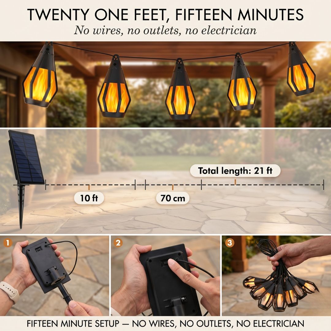 Guirlande Lumineuse LED Solaire Effet Flamme – 10 Lanternes Extérieur