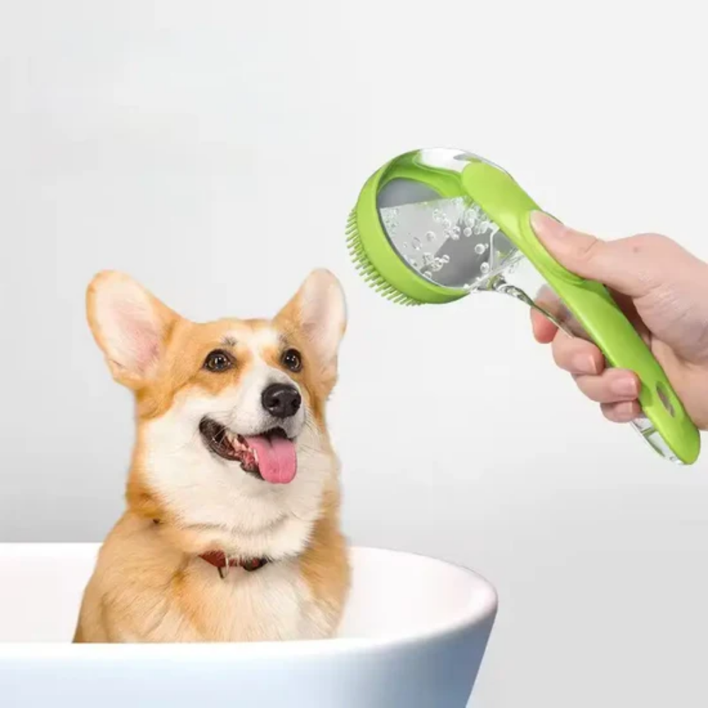 Brosse de bain pour chien et chat avec distributeur de shampoing intégré