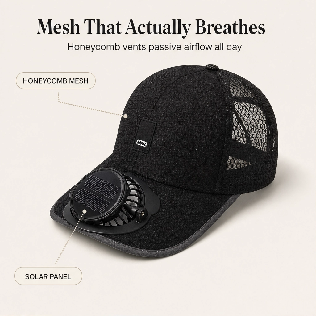 Chapeau solaire avec ventilateur intégré UPF50+ rechargeable 360°