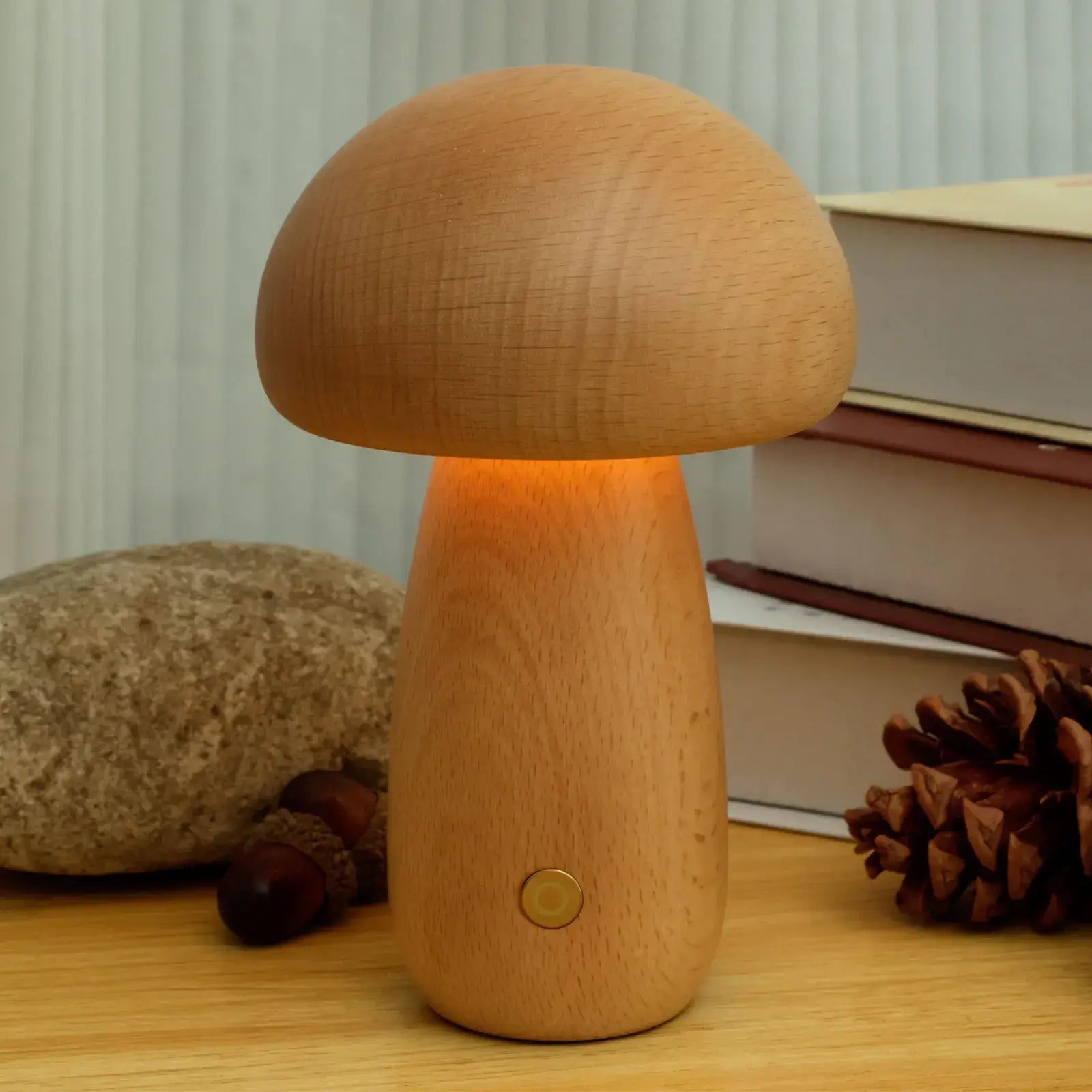 Veilleuse champignon en bois de noyer – dimmable et sans fil