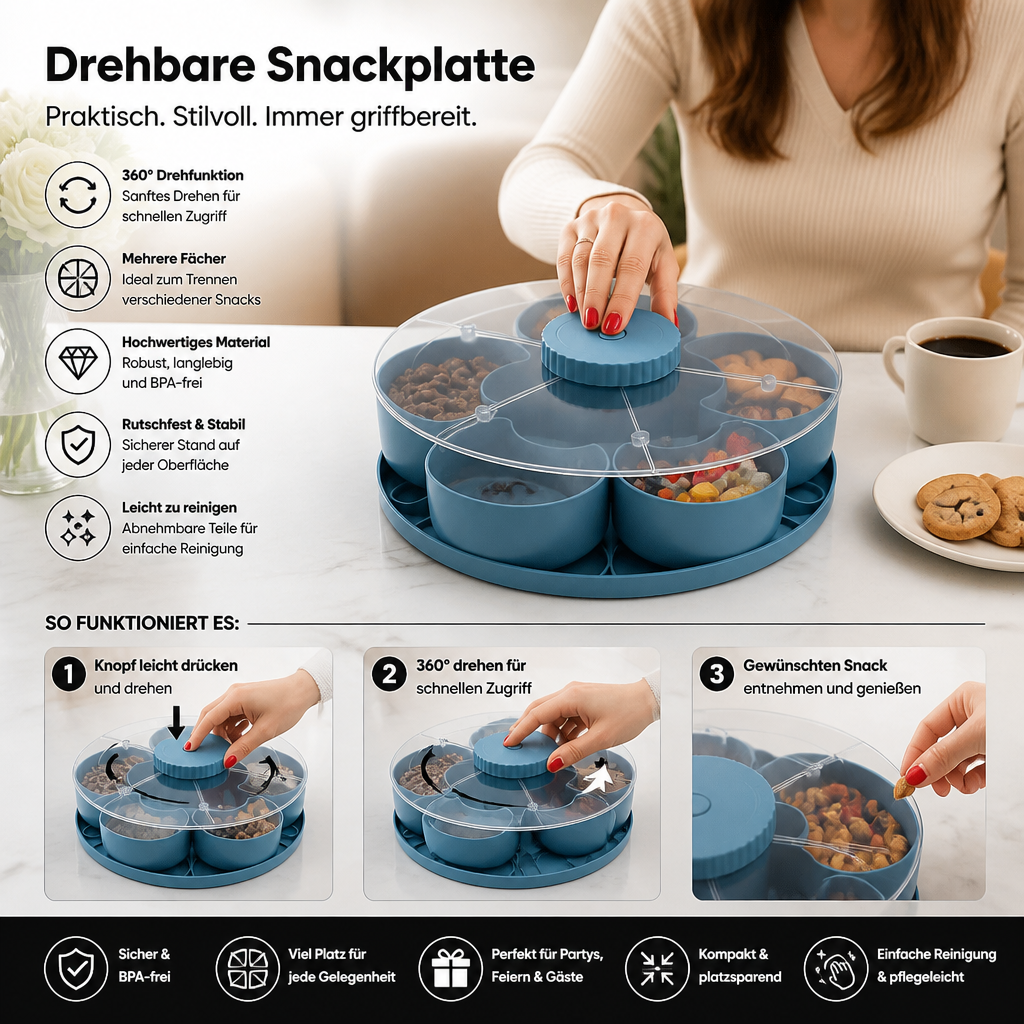 Plateau Tournant à Compartiments pour Snacks – Rotation 360° Sans BPA