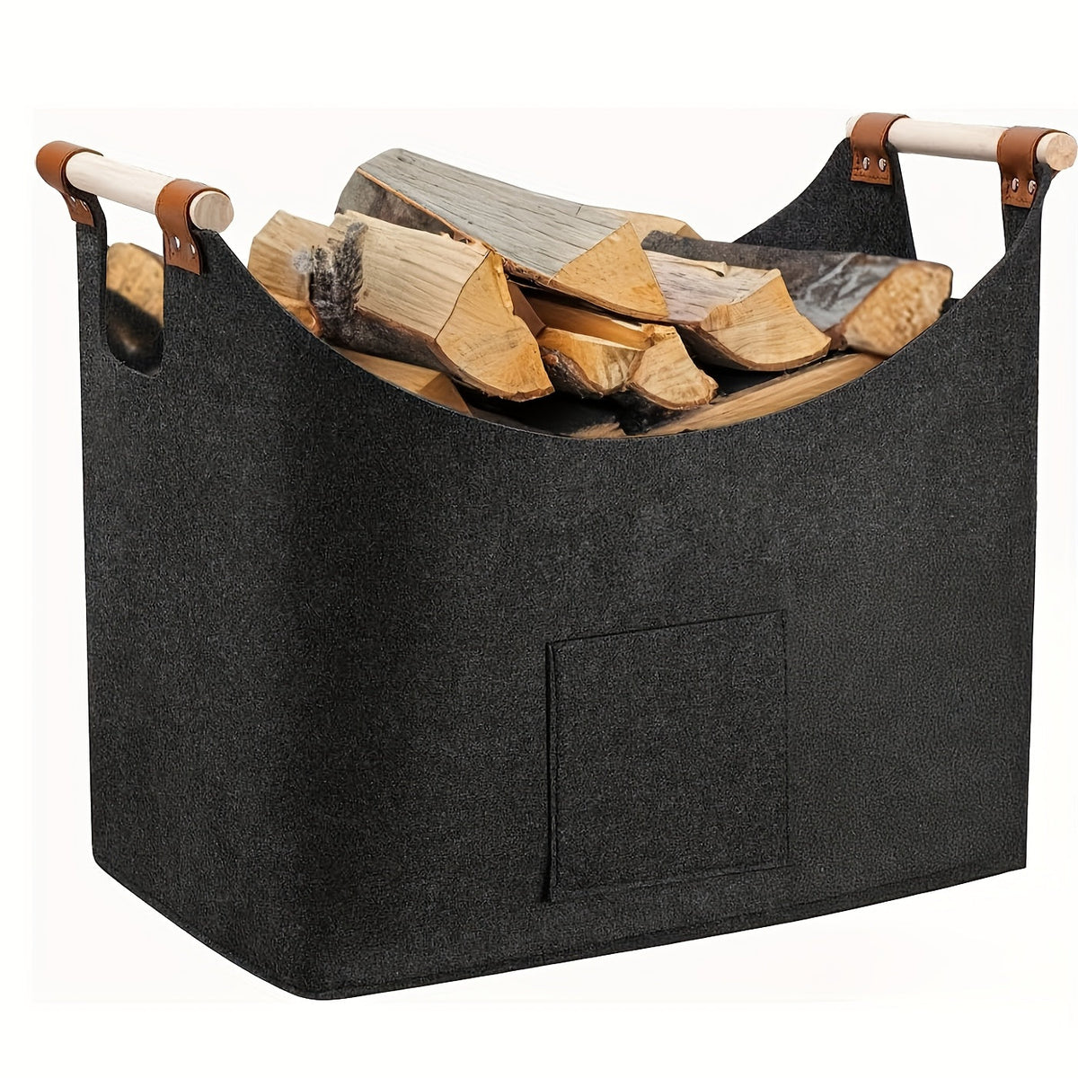 Panier à bûches pliable en feutre avec poignées en bois – 55 litres