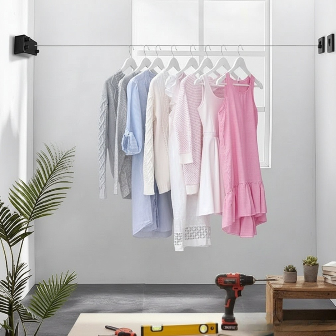 Étendoir à Linge Rétractable Mural Gain de Place – Câble Inox 4 Mètres