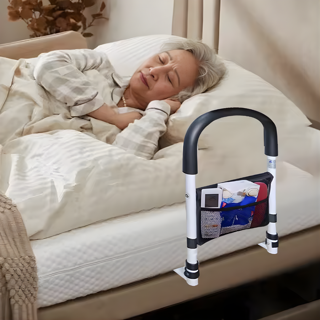 Barrière de lit réglable avec poignée antidérapante et sac de rangement