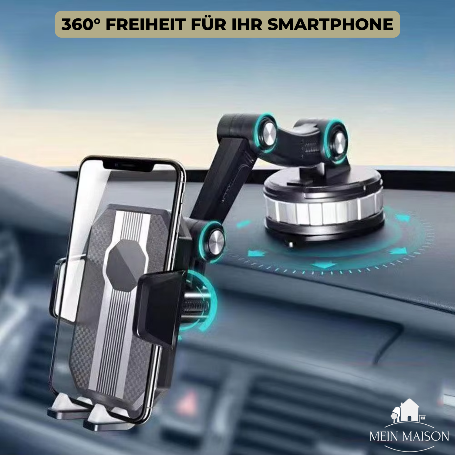 Support téléphone voiture avec ventouse, rotation 360° et utilisation à une main