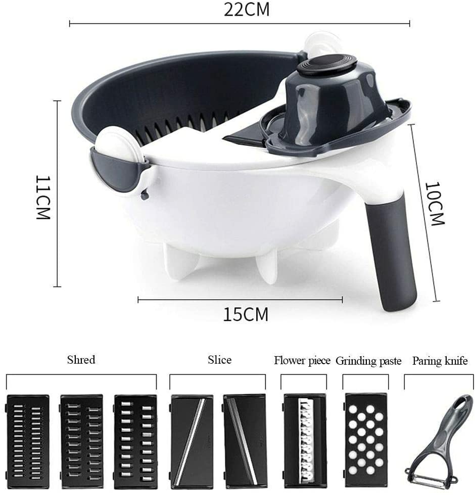 Coupe-légumes 9-en-1 avec passoire égouttoir & 7 accessoires en acier inoxydable