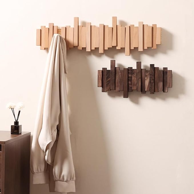 Porte-manteau mural en bois massif avec crochets rabattables design piano