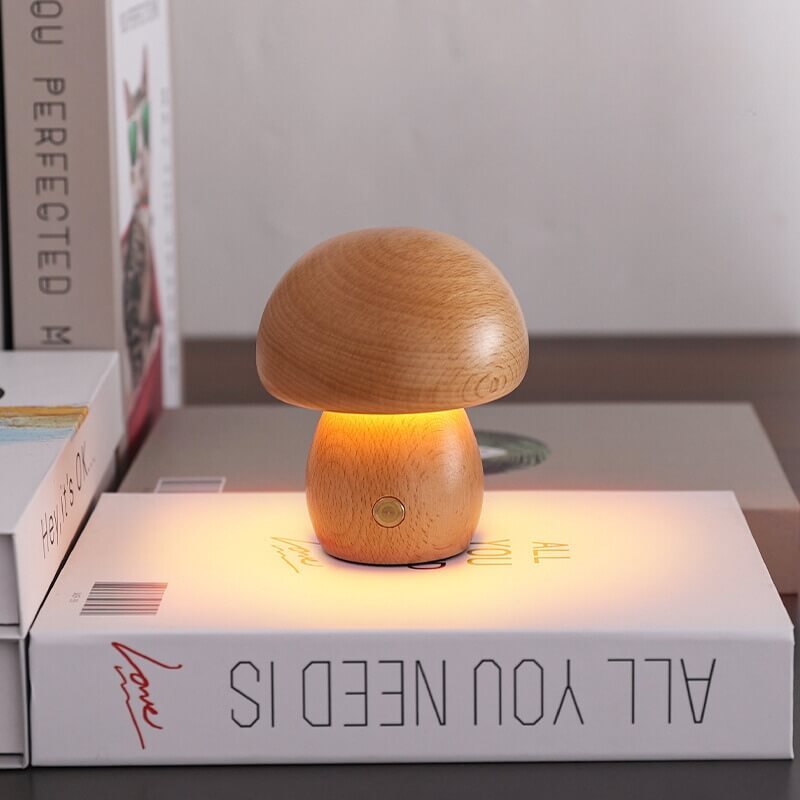 Veilleuse champignon en bois de noyer – dimmable et sans fil