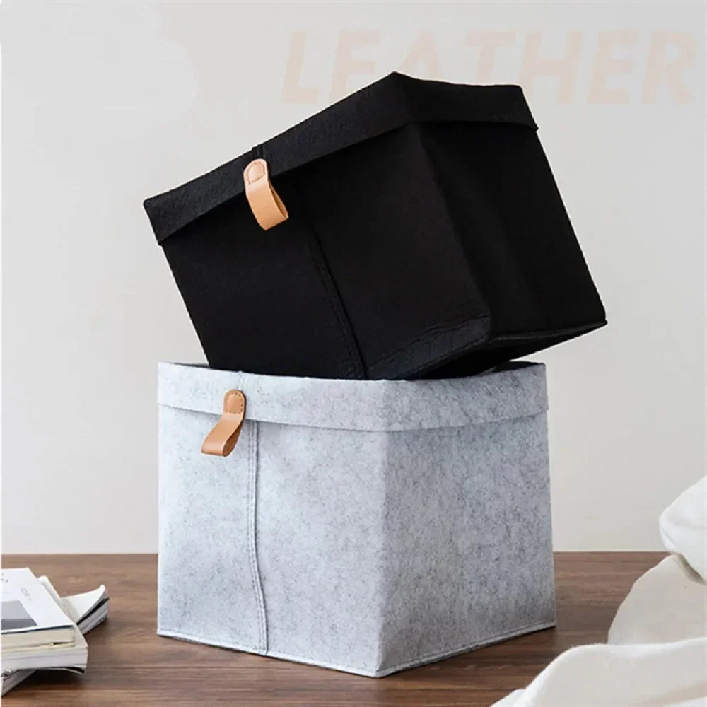 Boîte de rangement en feutre avec poignée en cuir et couvercle rabattable